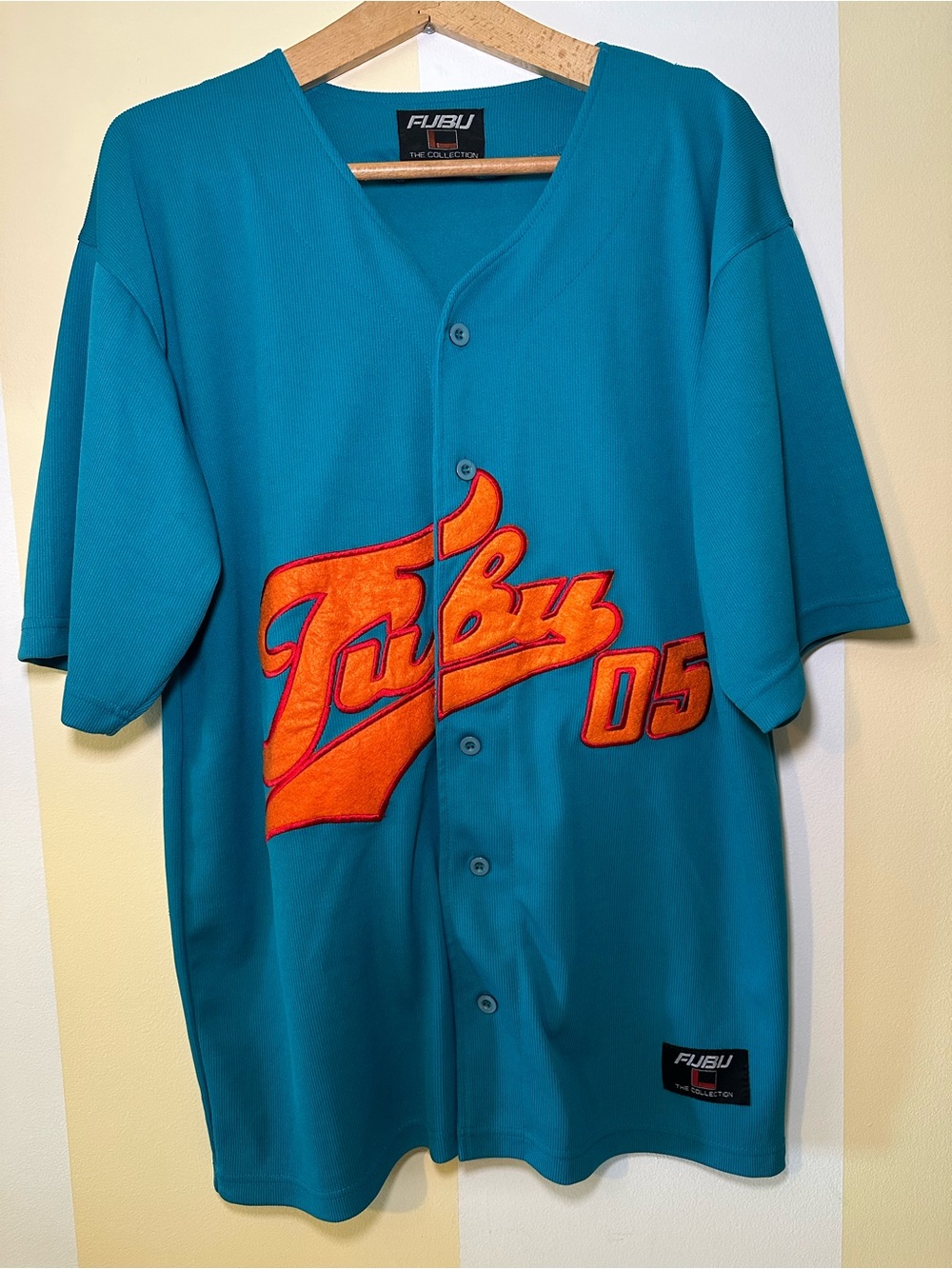 Vtg 90s FUBU The Collection Baseball Jersey Teal Orange Script 05 Patch Small
